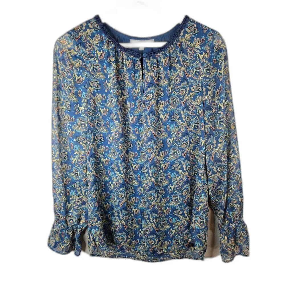 Daniel Rainn Women's Blue Paisley Print Long Sleeve Keyhole Blouse Size Medium